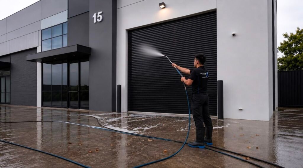 FocusX cleaner pressure washing the driveway of a Melbourne commercial building