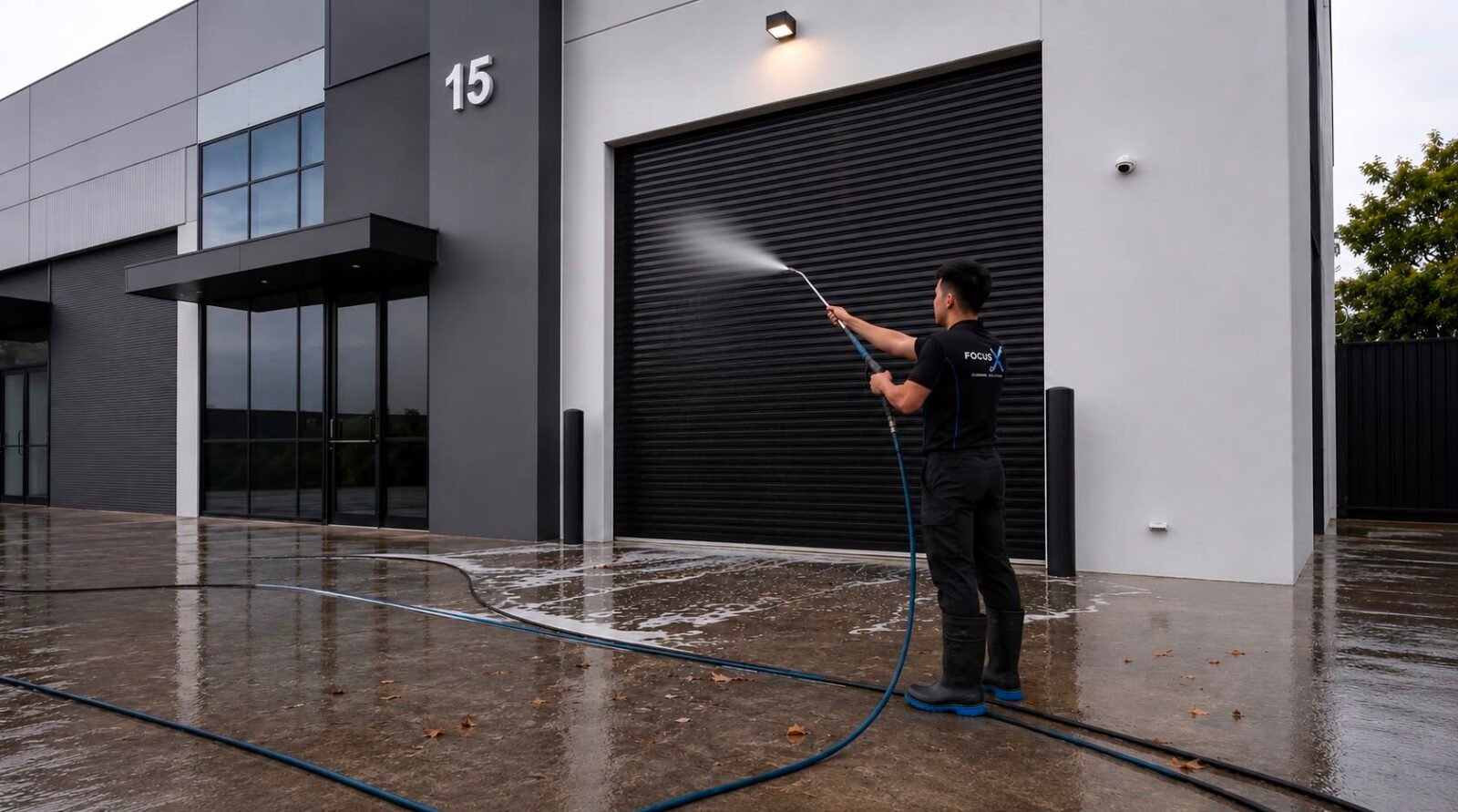FocusX cleaner pressure washing the driveway of a Melbourne commercial building