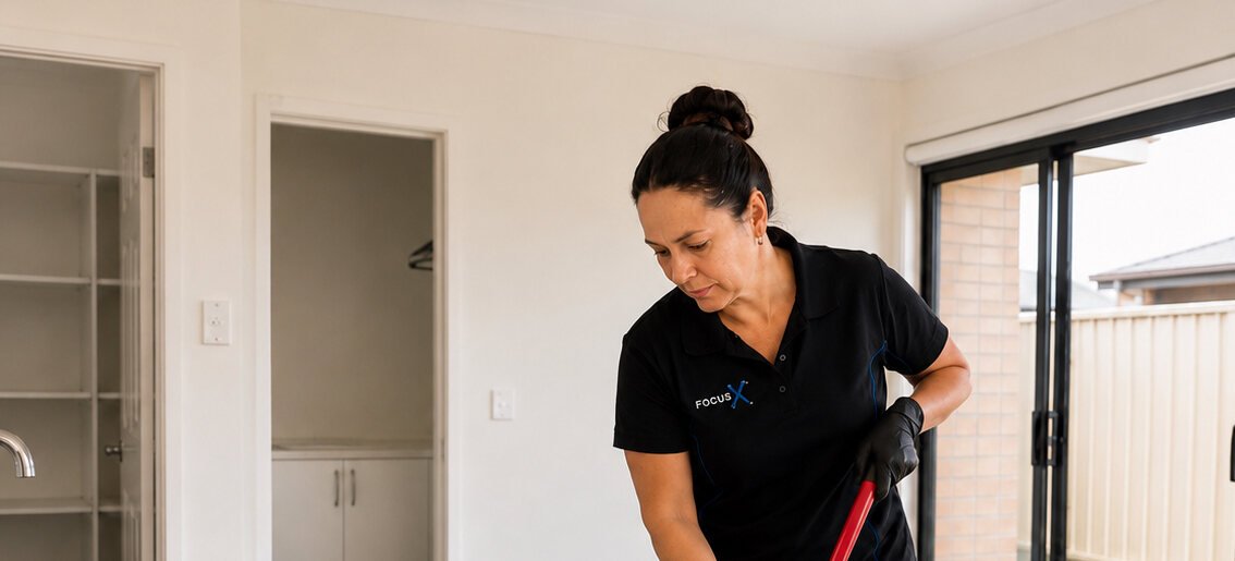 FocusX cleaner mopping the floor of an empty Melbourne rental during an end of lease clean
