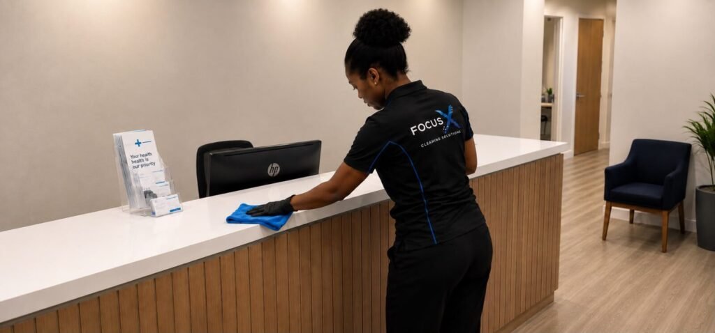 FocusX cleaner disinfecting the reception counter of a Melbourne medical clinic