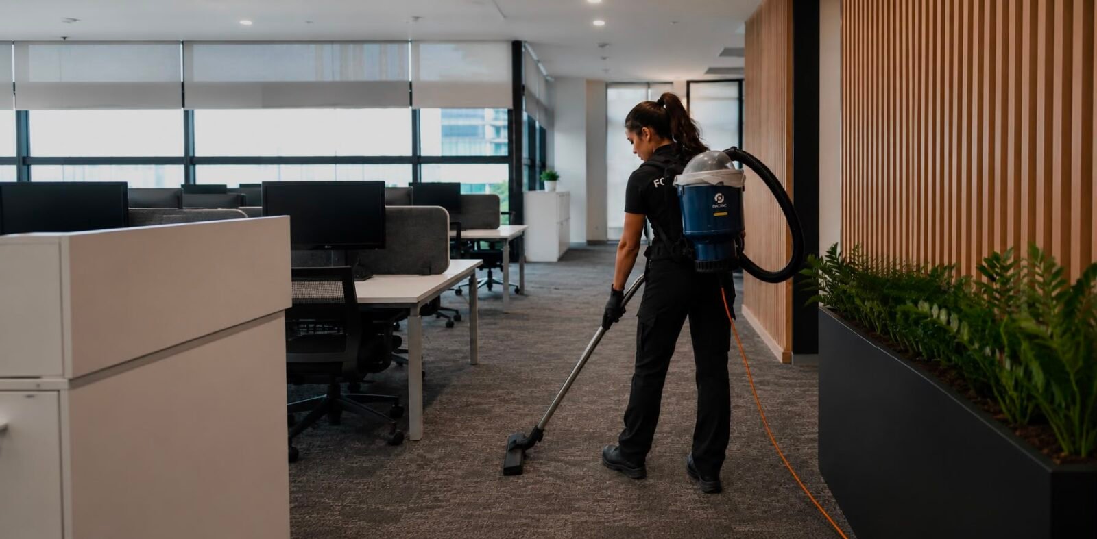 FocusX cleaner vacuuming the carpet of an open-plan Melbourne office