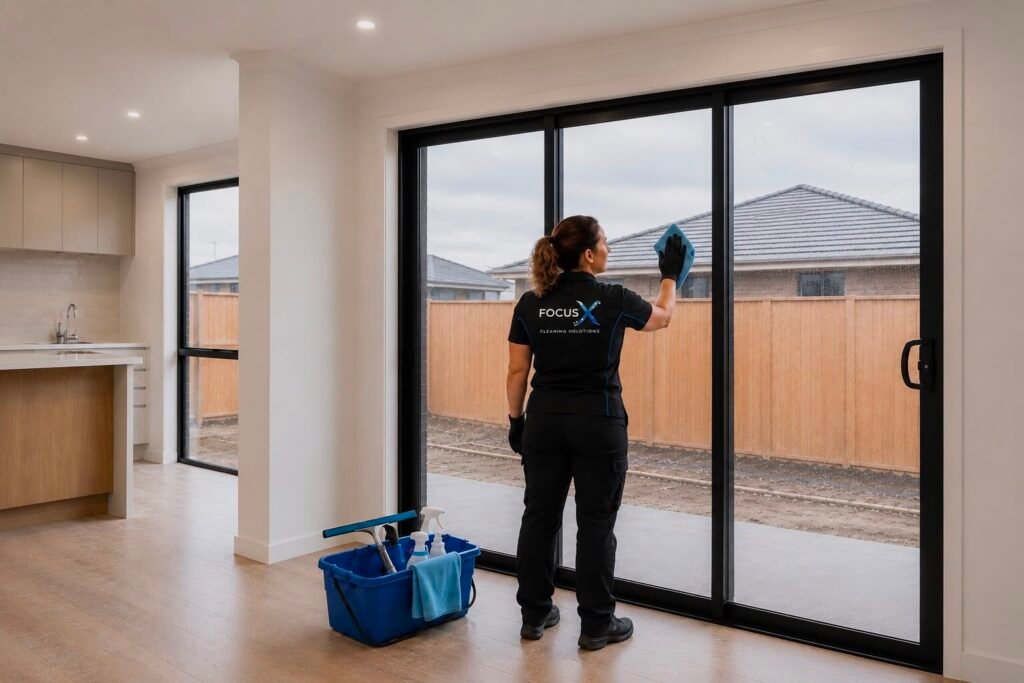 FocusX cleaner wiping down the sliding glass doors of a newly built Melbourne home