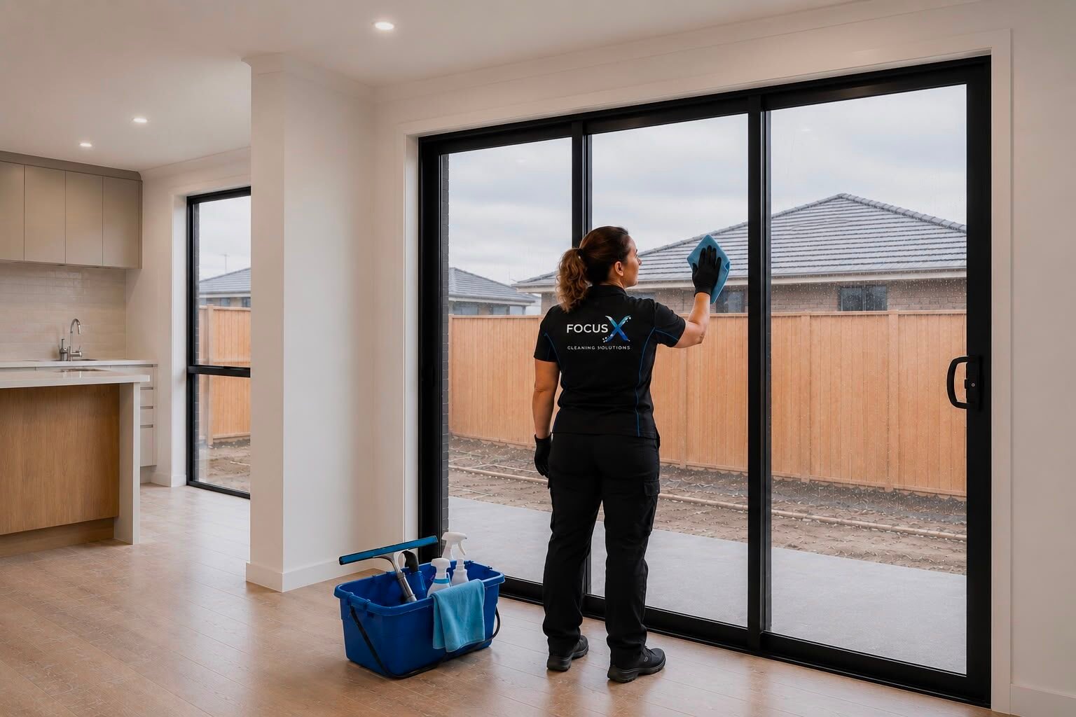 FocusX cleaner wiping down the sliding glass doors of a newly built Melbourne home