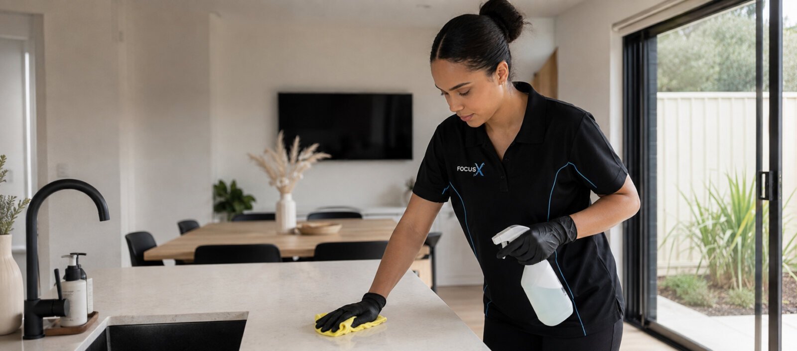FocusX cleaner wiping down a kitchen benchtop in a Melbourne home
