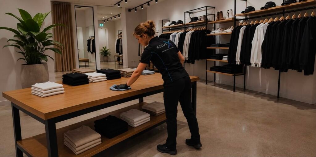 FocusX cleaner wiping down a display table in a Melbourne retail store