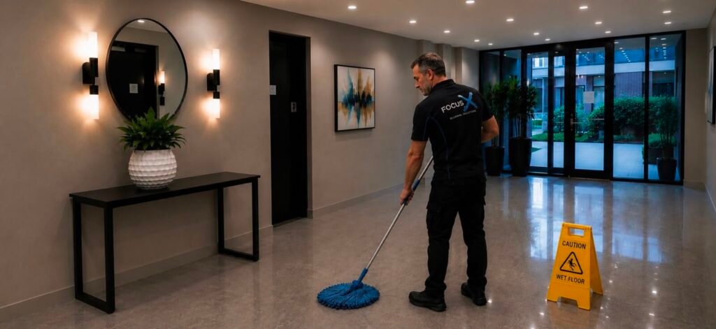 FocusX cleaner mopping the lobby floor of a Melbourne apartment building
