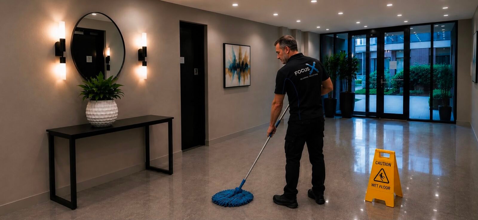 FocusX cleaner mopping the lobby floor of a Melbourne apartment building