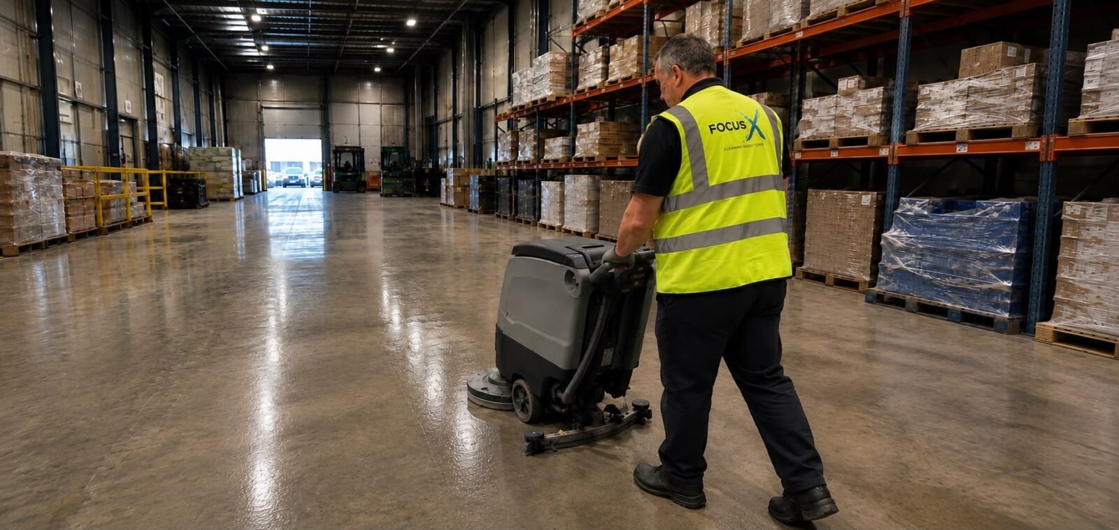 FocusX cleaner operating a ride-behind floor scrubber in a Melbourne warehouse